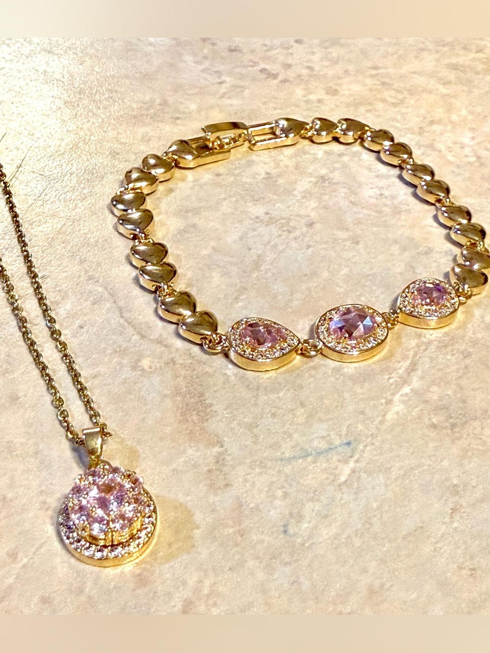 Gold Bracelet & Necklace Set with Pink Gemstones - Women's Jewelry